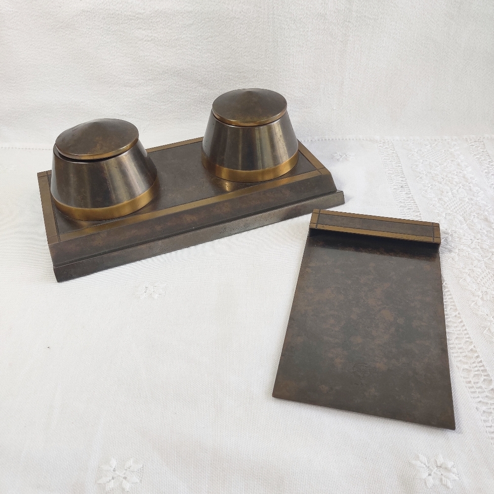 SilverCrest Decorated Bronze Double Inkwell & Notepad Holder Art Deco Hellinger